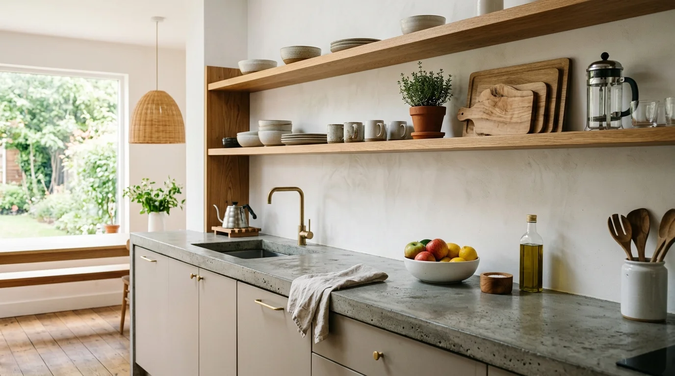 Grey concrete kitchen countertop with warm wood shelving
