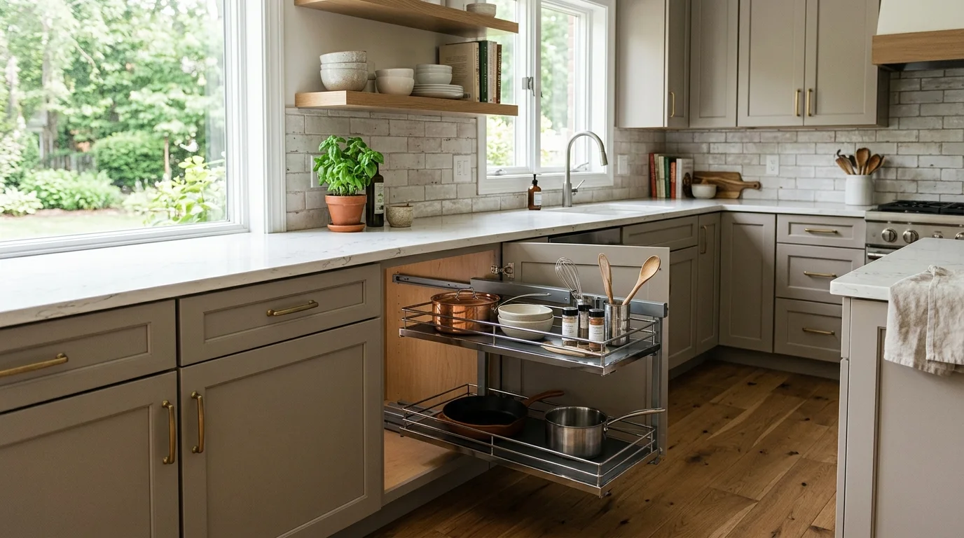 Kitchen corner cabinet with its pull-out organizer extended