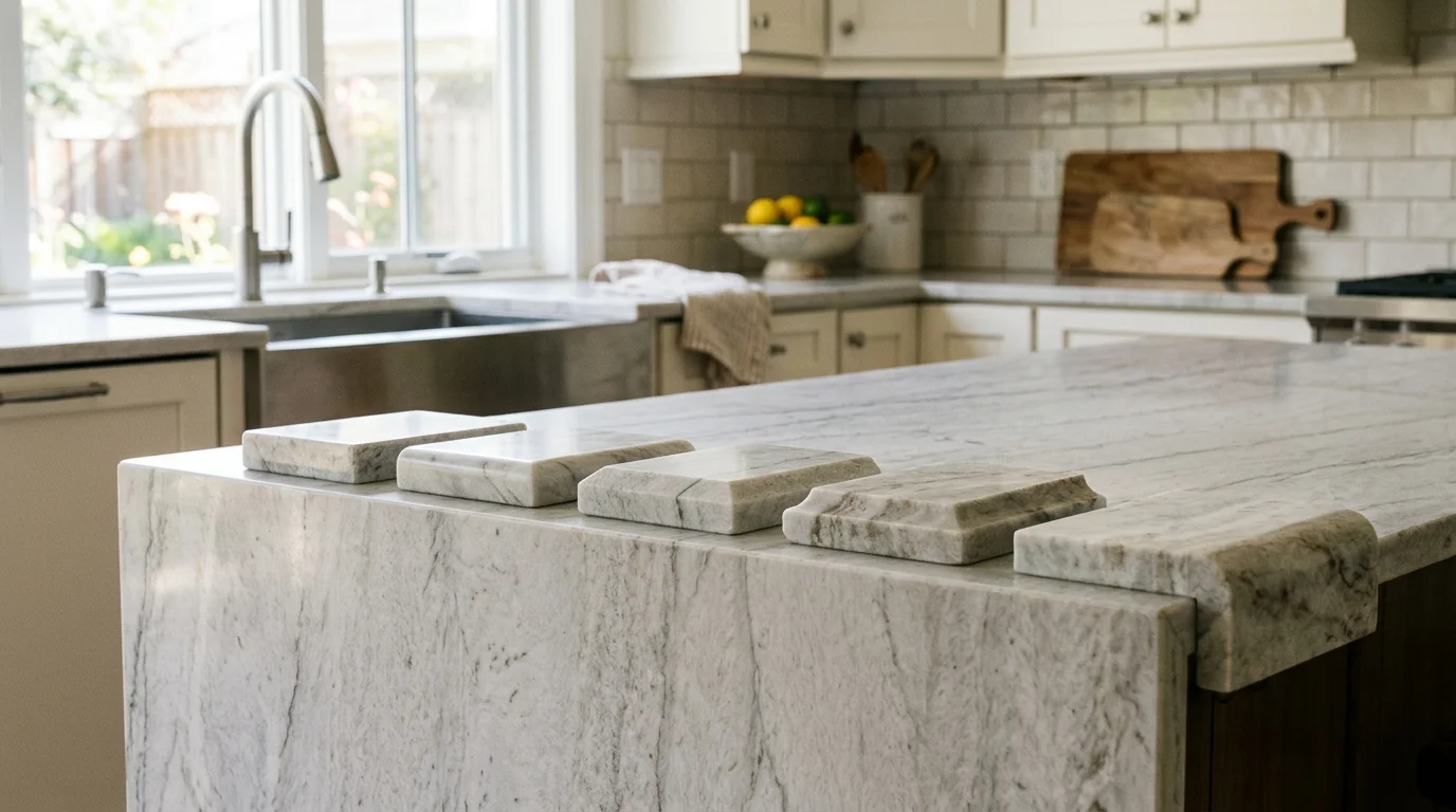 Close-up view of several countertop edge profile samples