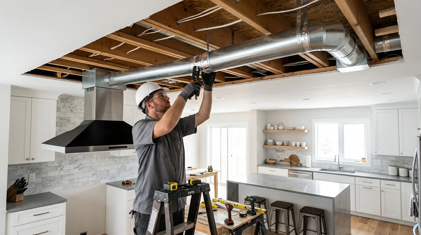 Range hood duct run being installed above a kitchen ceiling