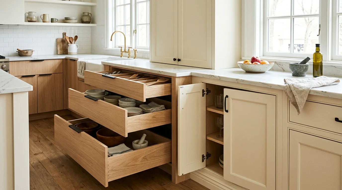 Open frameless kitchen drawers beside a traditional face-frame cabinet run