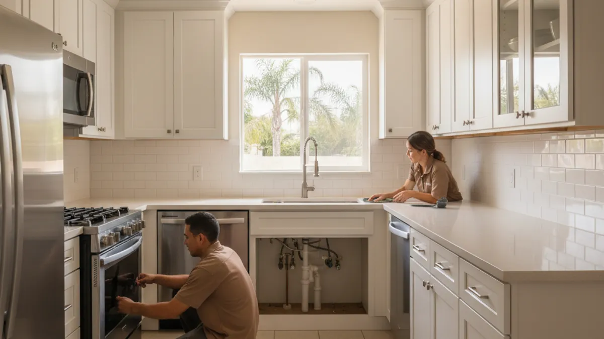 A renovated San Diego galley kitchen with parallel runs, light cabinets, and a clear floor path