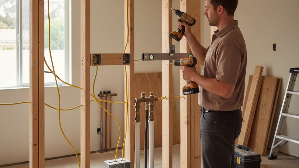 An electrician roughing in a 20-amp small appliance circuit in a San Diego kitchen remodel