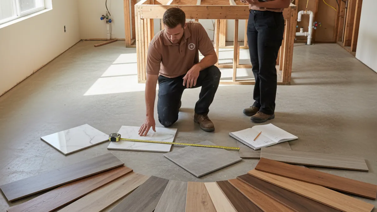 A modern San Diego kitchen with wide-plank porcelain tile and a flush transition to engineered hardwood in the living room