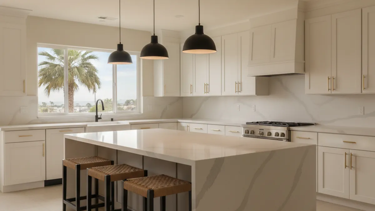 A spacious San Diego kitchen with a white oak island, pendant lights, and a waterfall quartz end panel