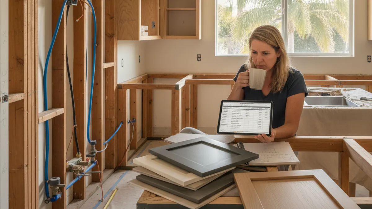 A modern San Diego kitchen with shaker cabinets and a quartz island during a remodel