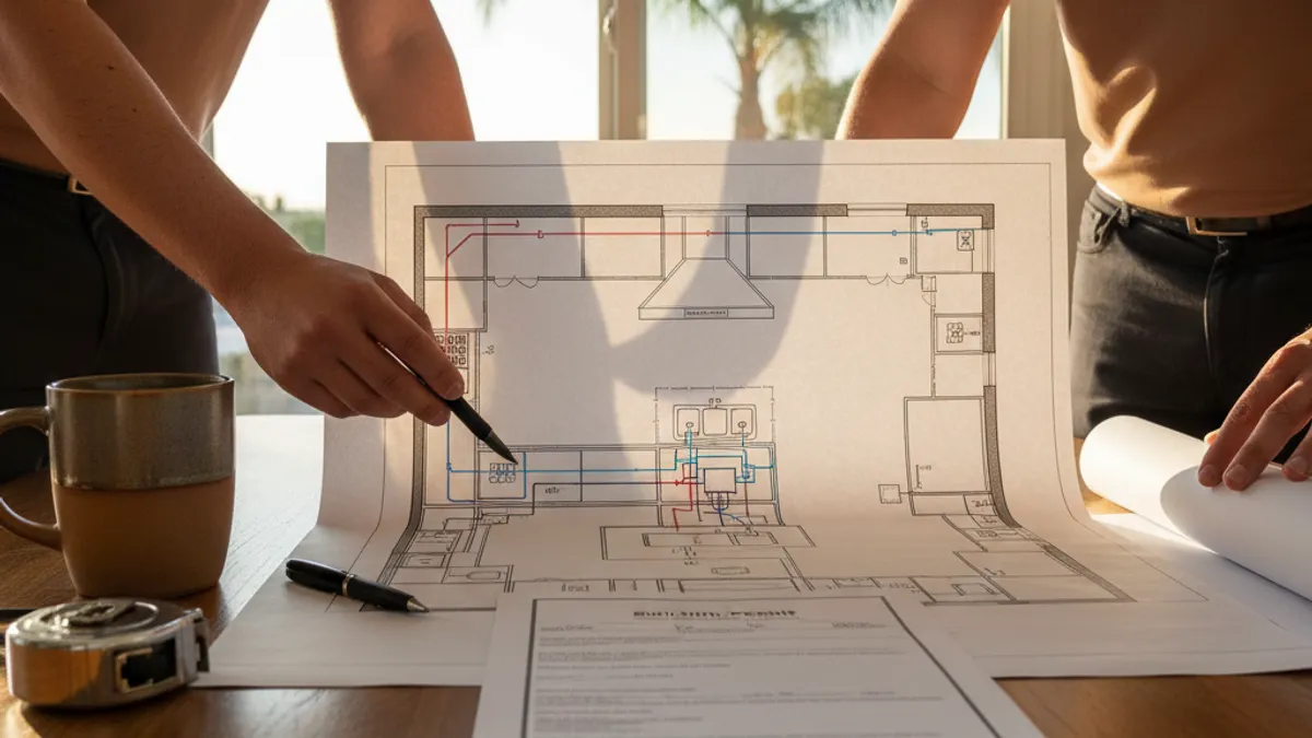 A posted building permit in the window of a San Diego home during a kitchen remodel