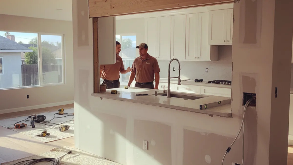 A San Diego open concept kitchen with a removed wall, flush header, and continuous flooring into the living room
