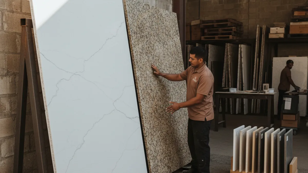 Side by side quartz and granite countertop samples in a San Diego kitchen showroom