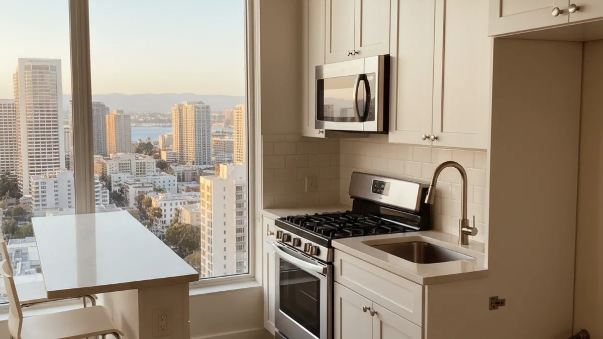 A bright, compact San Diego condo kitchen remodel with white cabinets and open shelving