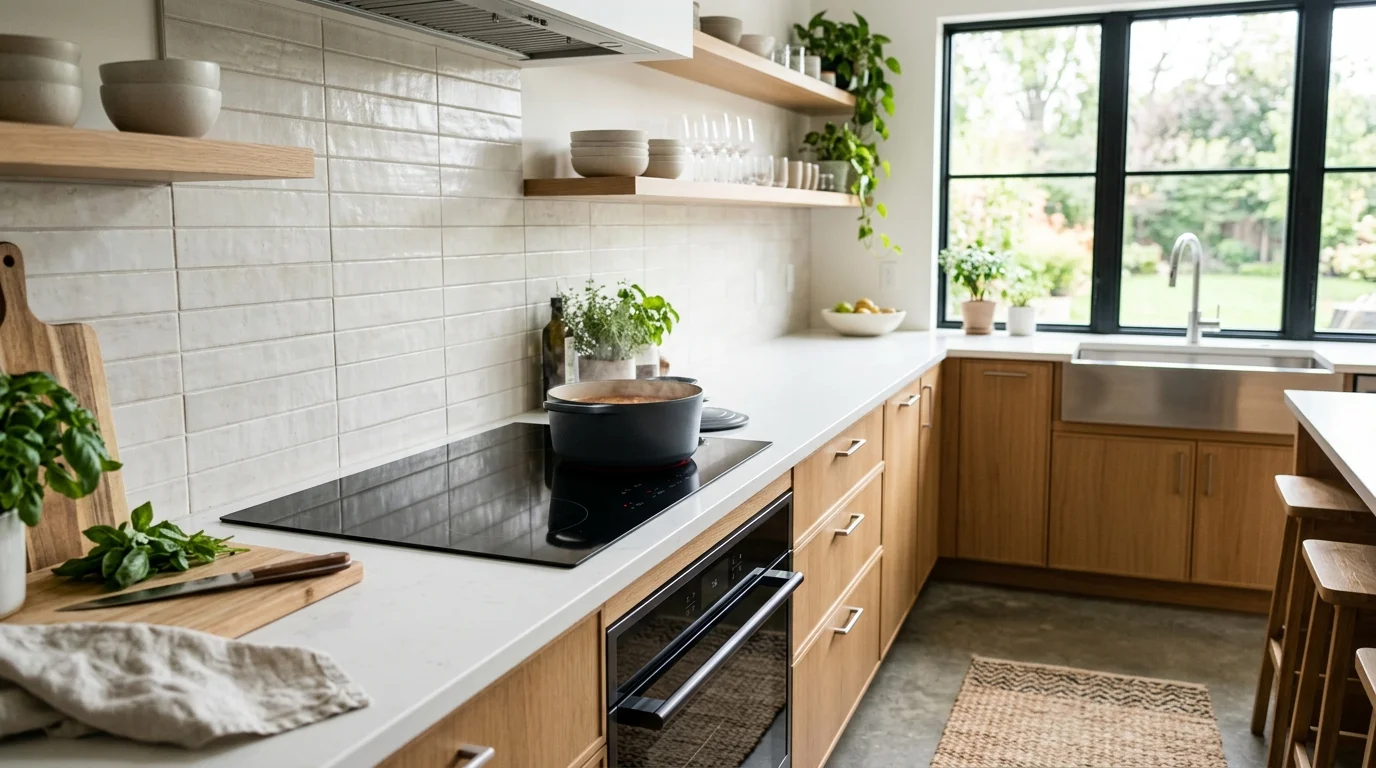 Induction cooktop with a pot in a bright modern kitchen
