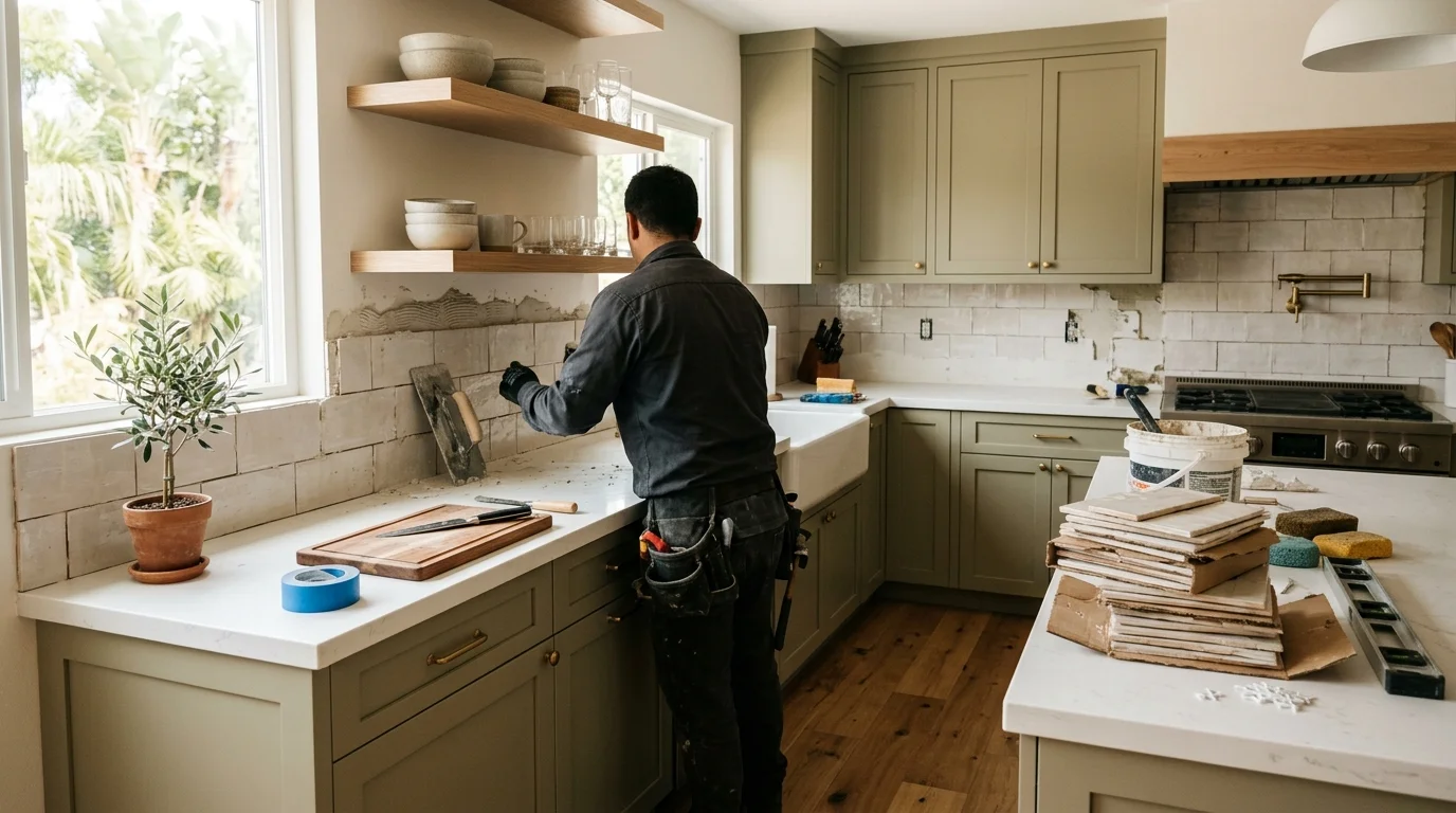 San Diego kitchen mid-backsplash install with tile stacked on the counter