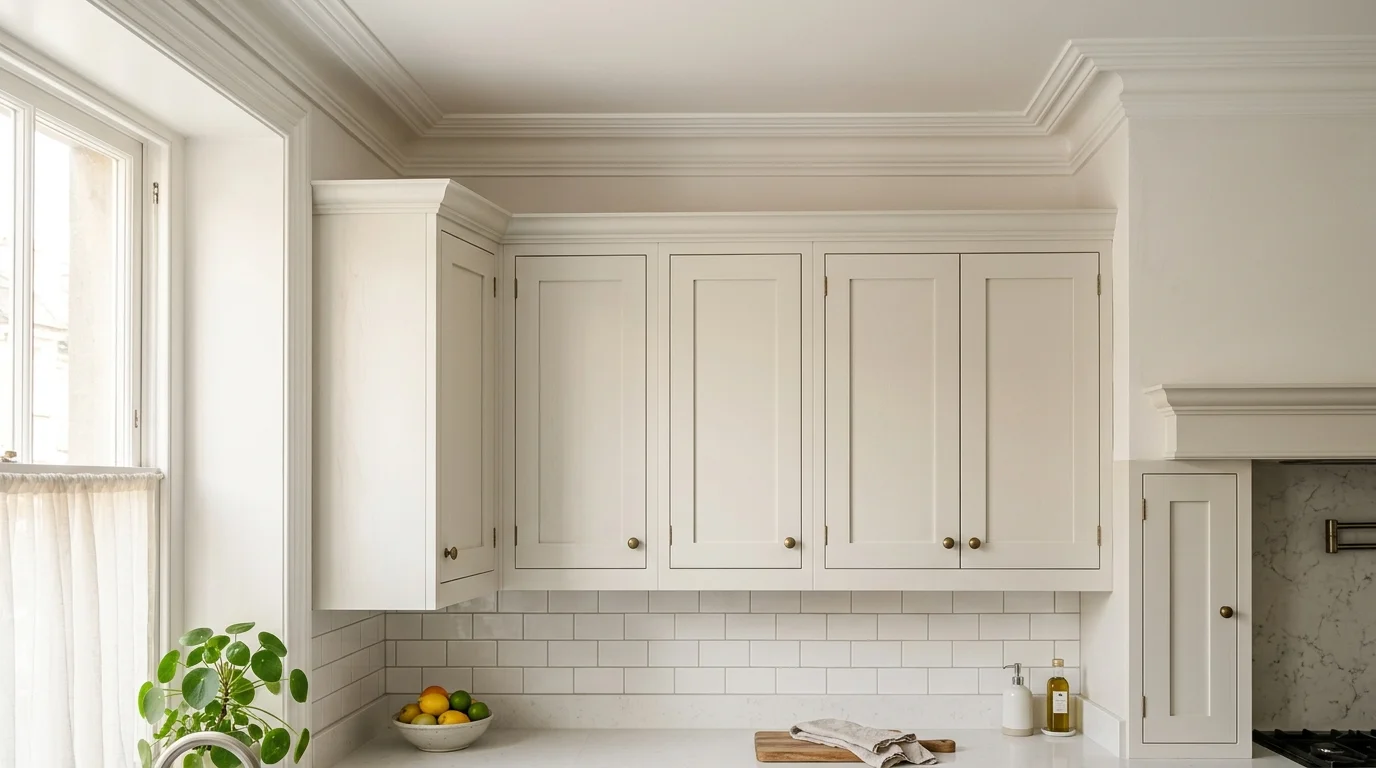 Kitchen cabinets meeting the ceiling with crown molding