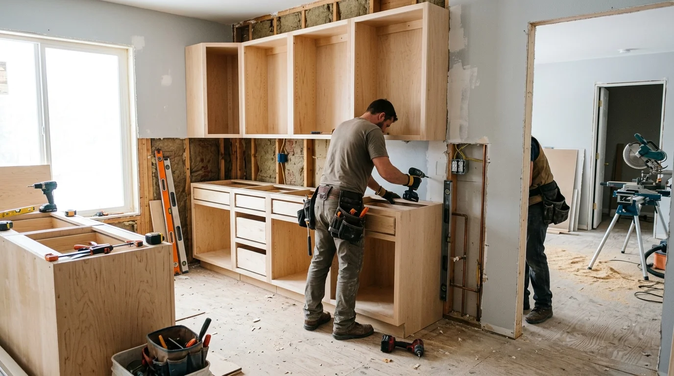New kitchen cabinet boxes being installed against a wall