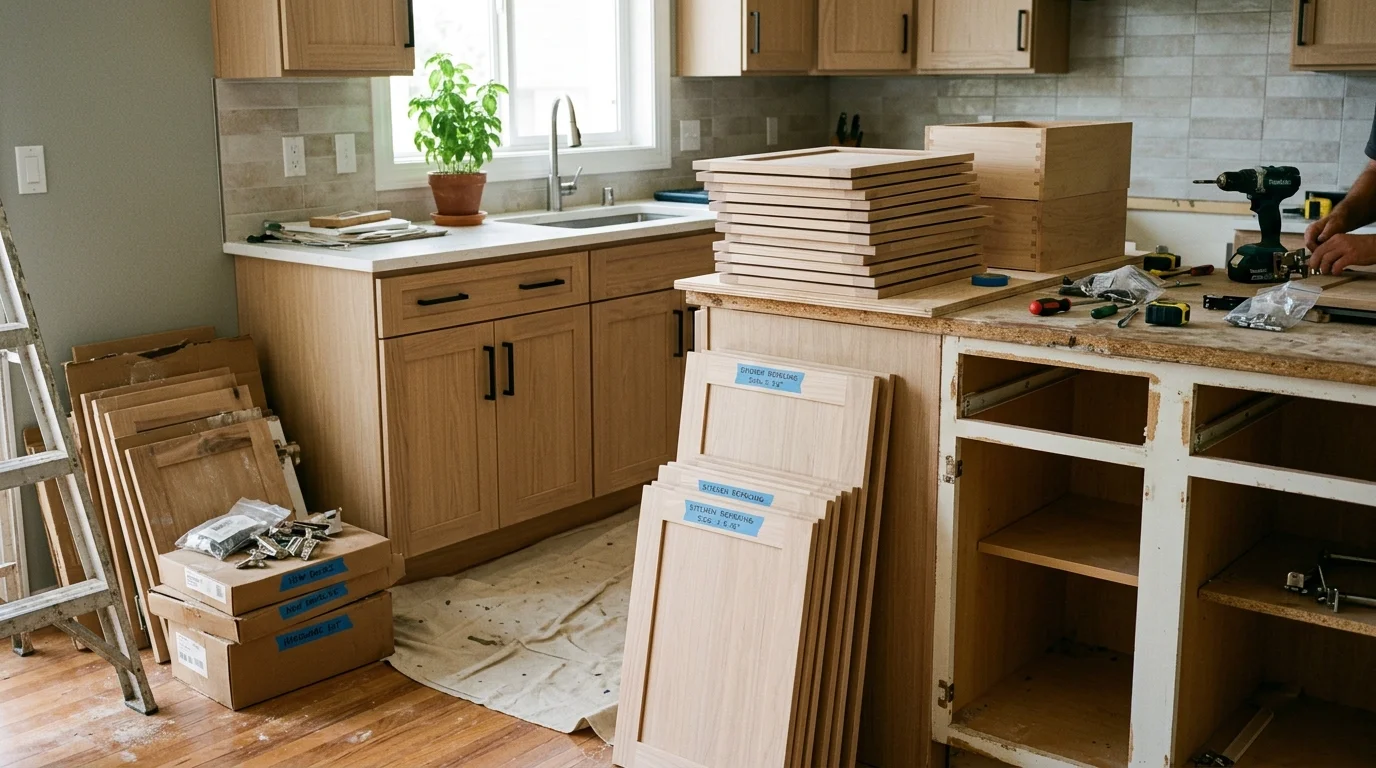 Kitchen mid-refacing with new doors stacked beside exposed cabinet boxes