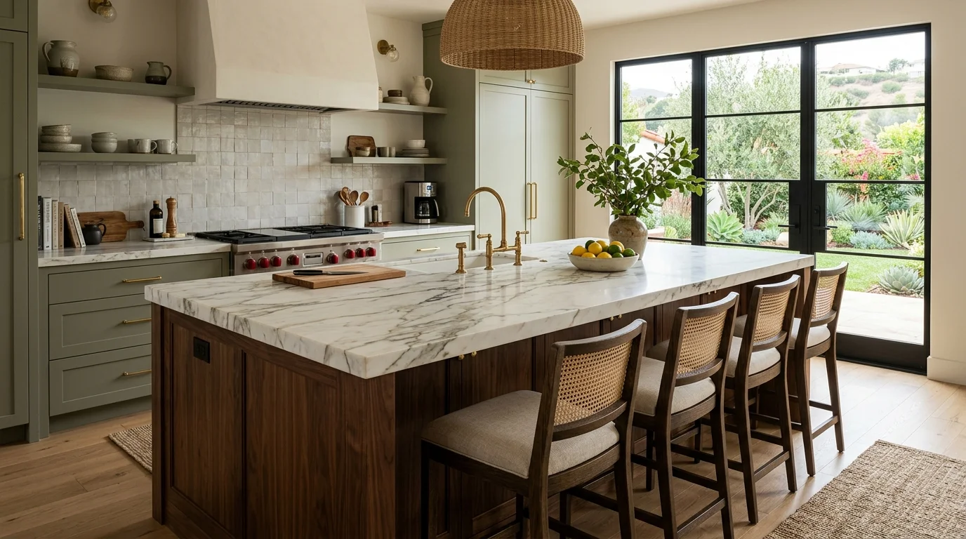 Large stone kitchen island with cabinets and seating in a San Diego home