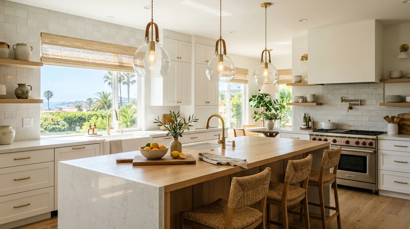 Three pendant lights above a kitchen island in a bright San Diego home