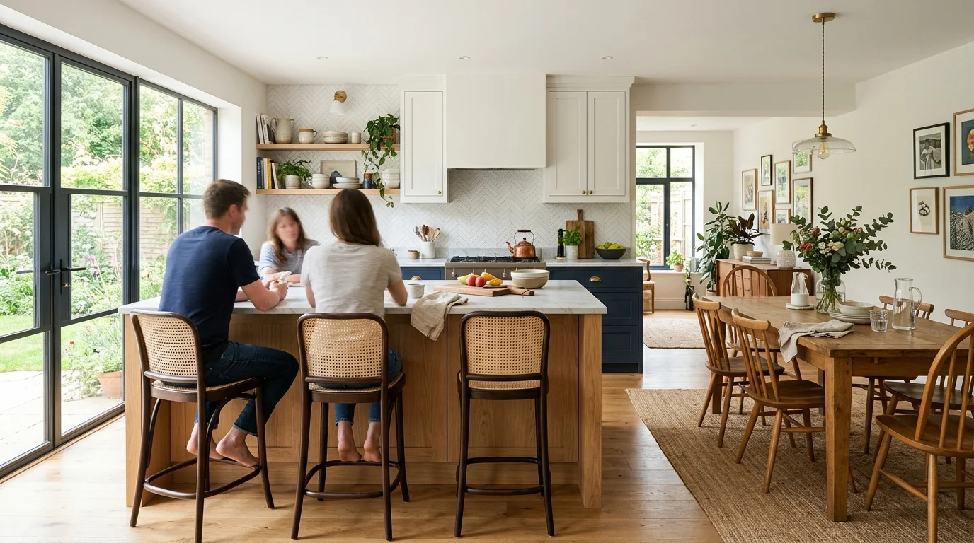Kitchen peninsula with counter seating beside an open dining area