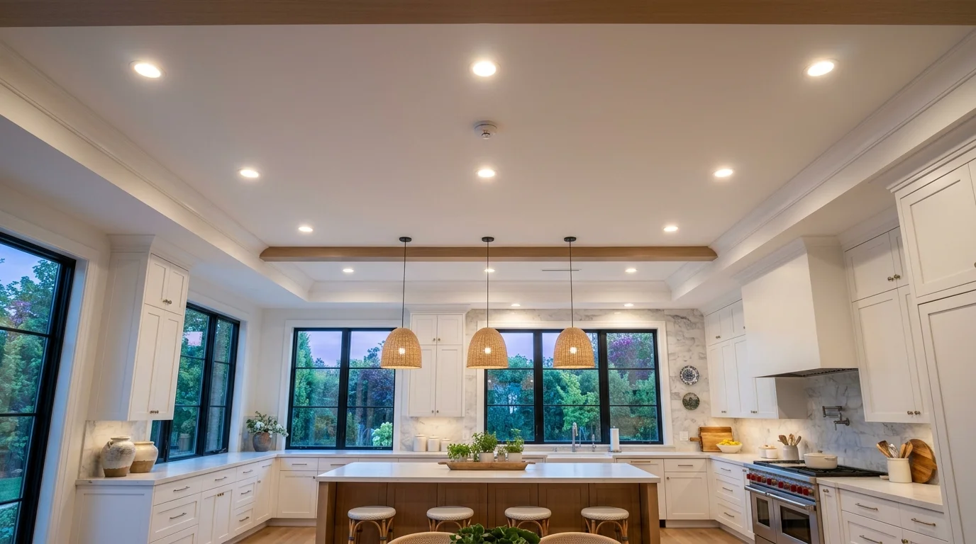 Evenly spaced recessed lights illuminating a modern kitchen at dusk
