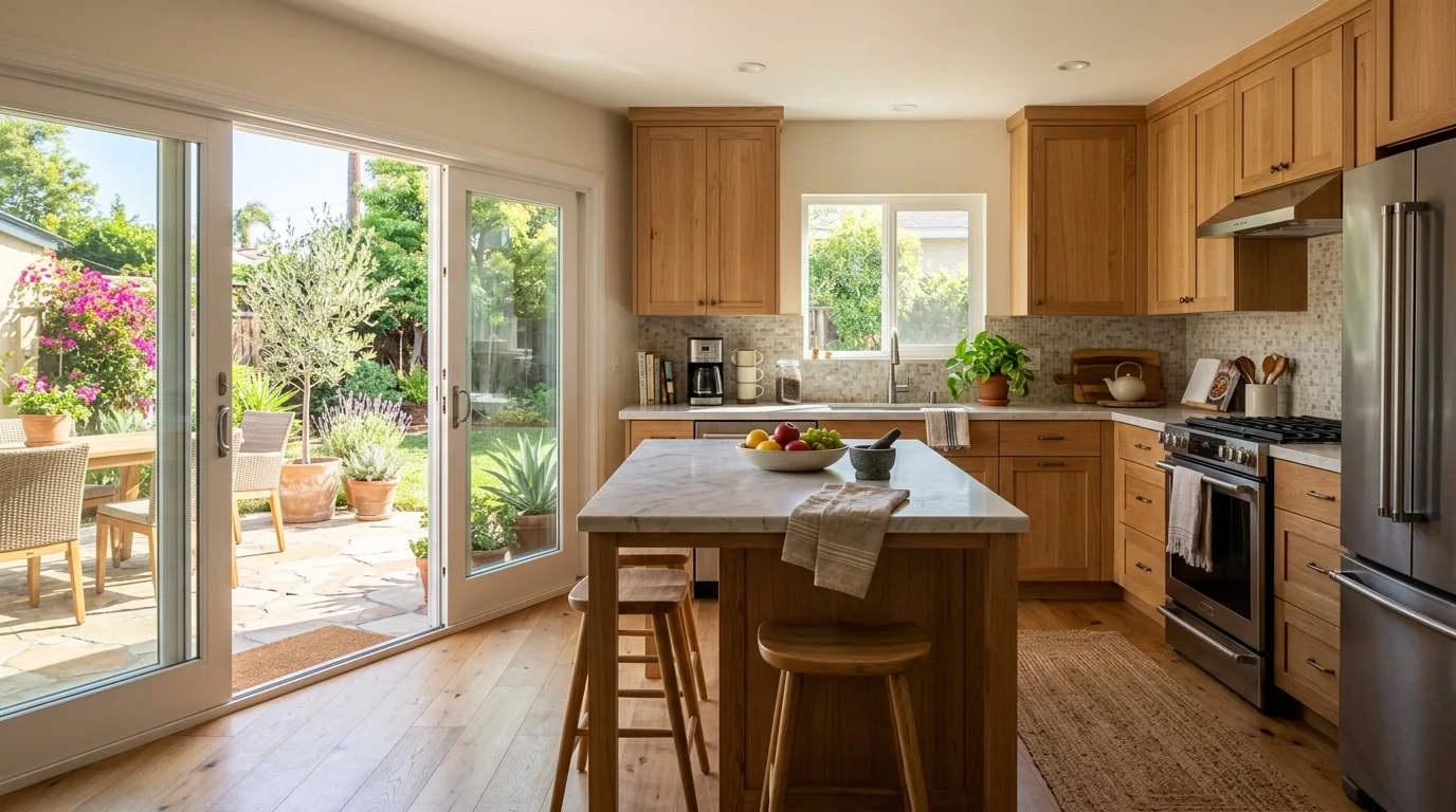 Chula Vista single-family kitchen with a sliding door to a patio in morning light