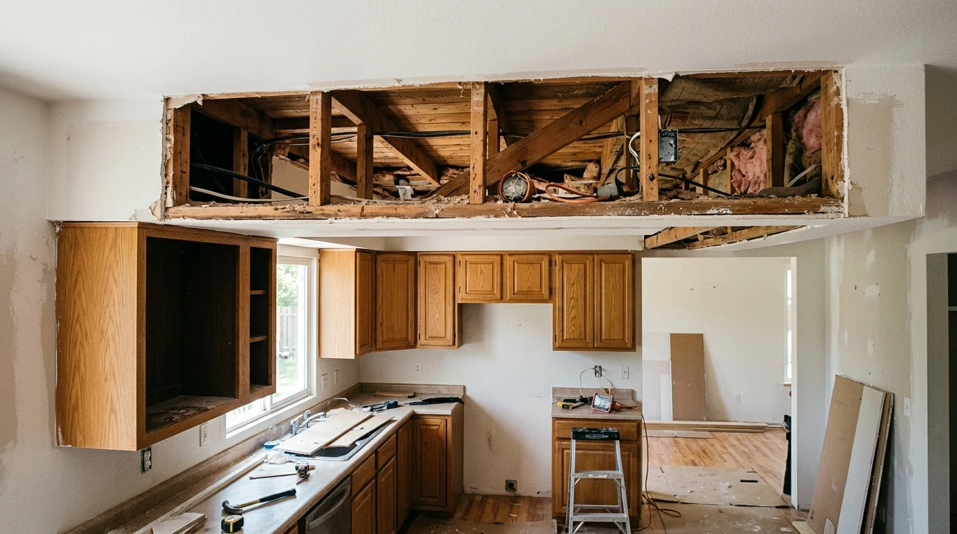 Opened kitchen soffit showing framing above wall cabinets
