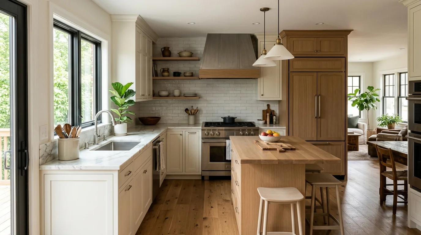Open kitchen with visible sink, range, and refrigerator positions
