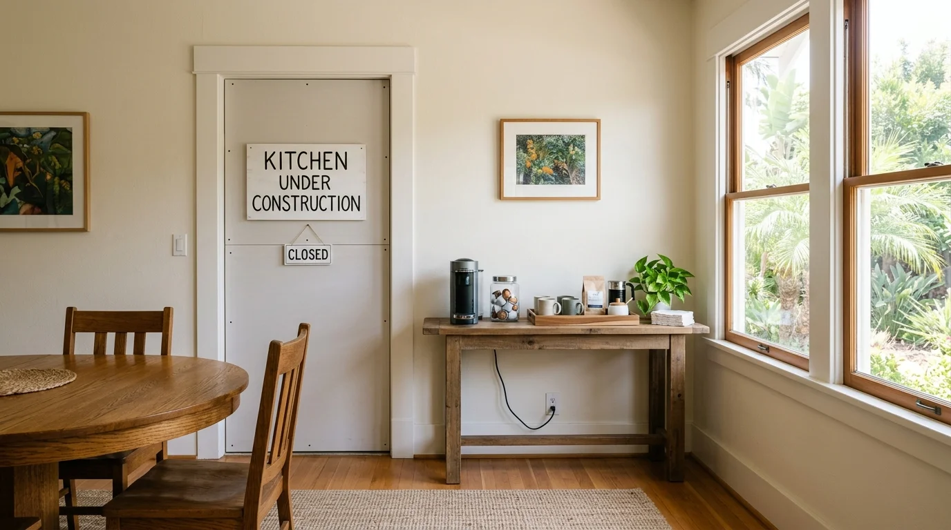 Sealed kitchen doorway and a temporary coffee station in a San Diego dining room