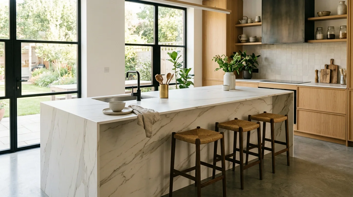 Large porcelain slab island in a sunlit modern kitchen
