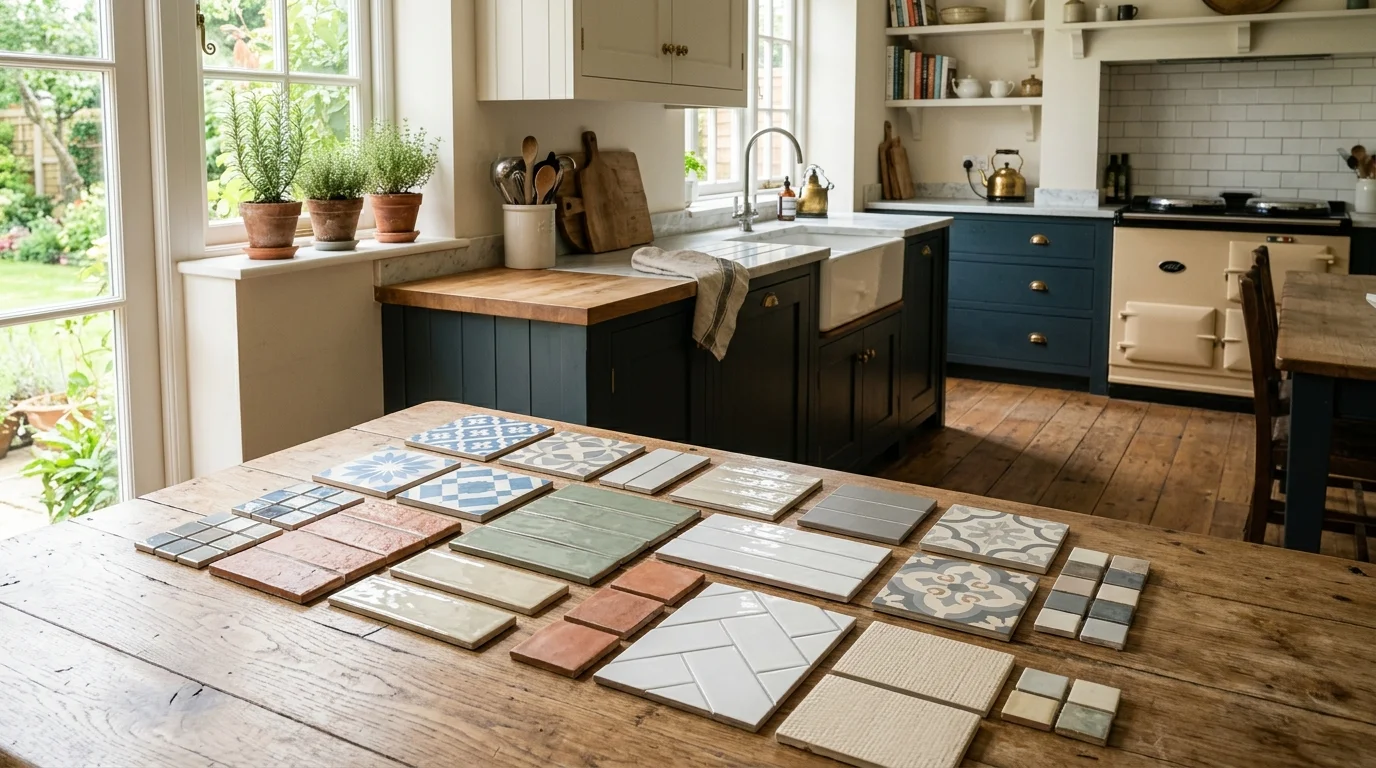 Porcelain and ceramic tile samples arranged on a kitchen floor