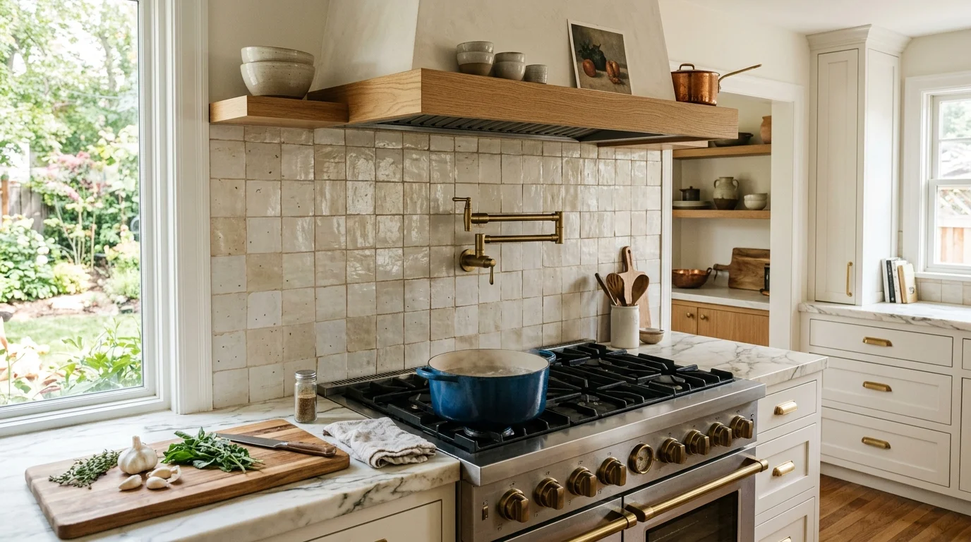 Wall-mounted pot filler faucet above a range and tile backsplash