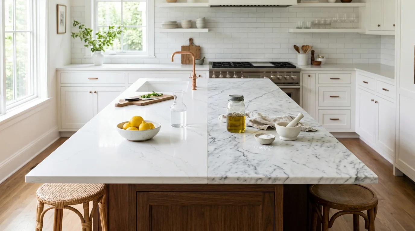 White quartz and veined marble countertops in a bright kitchen