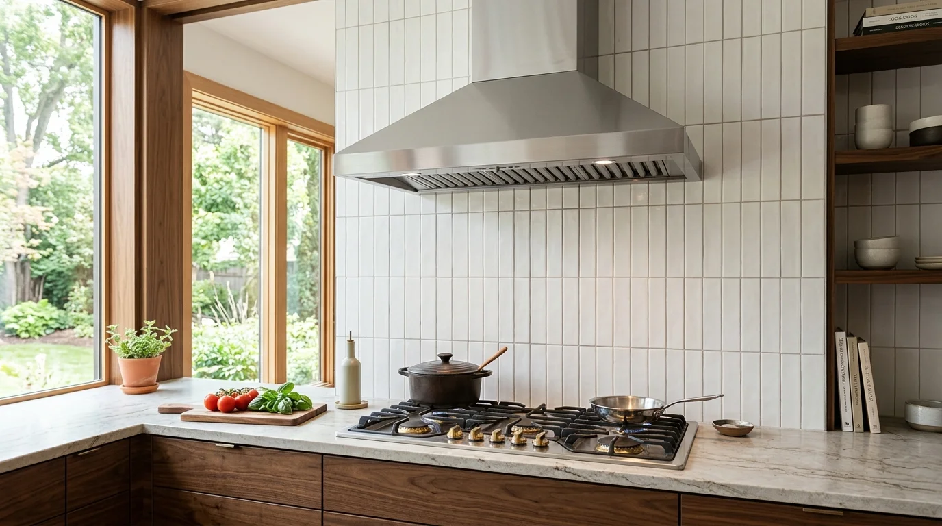 Stainless range hood above a gas cooktop in a modern kitchen