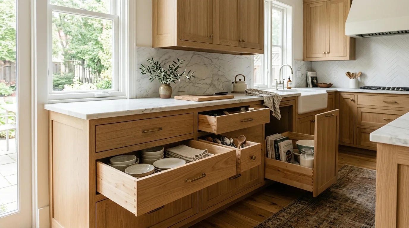 Semi custom kitchen cabinets with drawers open in natural light