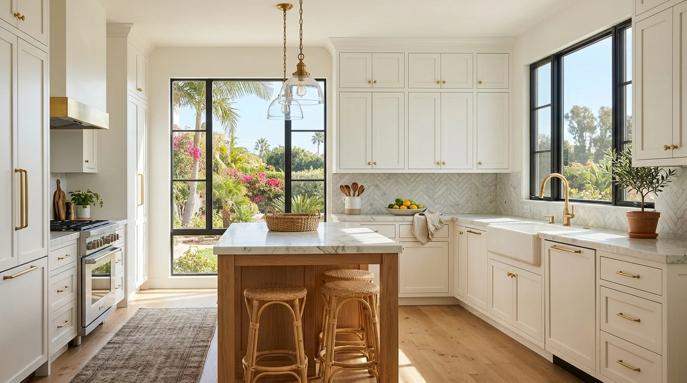 White shaker kitchen cabinets with brass hardware in a sunlit San Diego kitchen