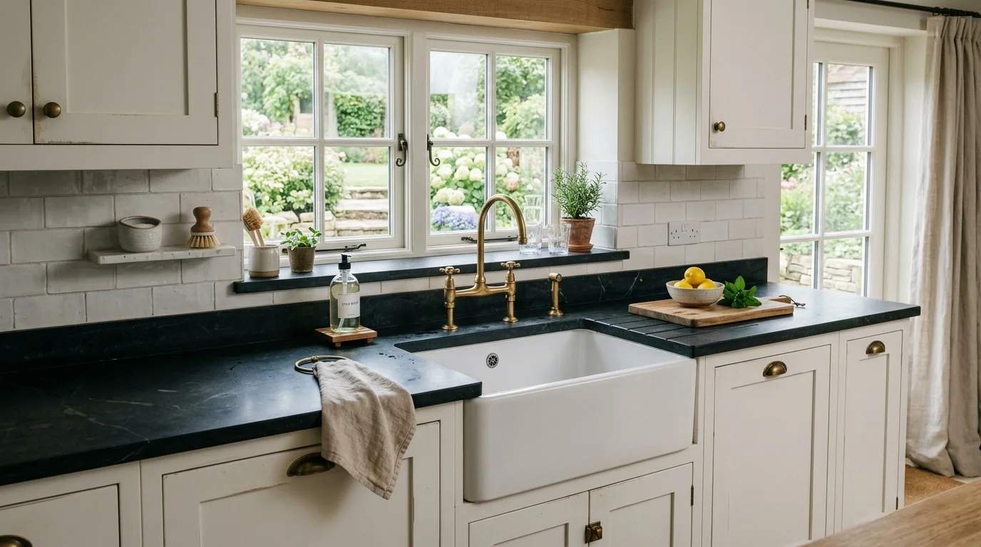 Dark soapstone countertop with a farmhouse sink and white cabinets