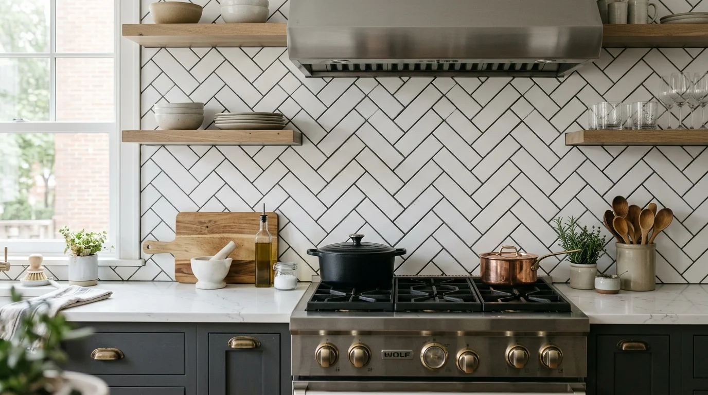 White subway tile backsplash with dark grout behind a range