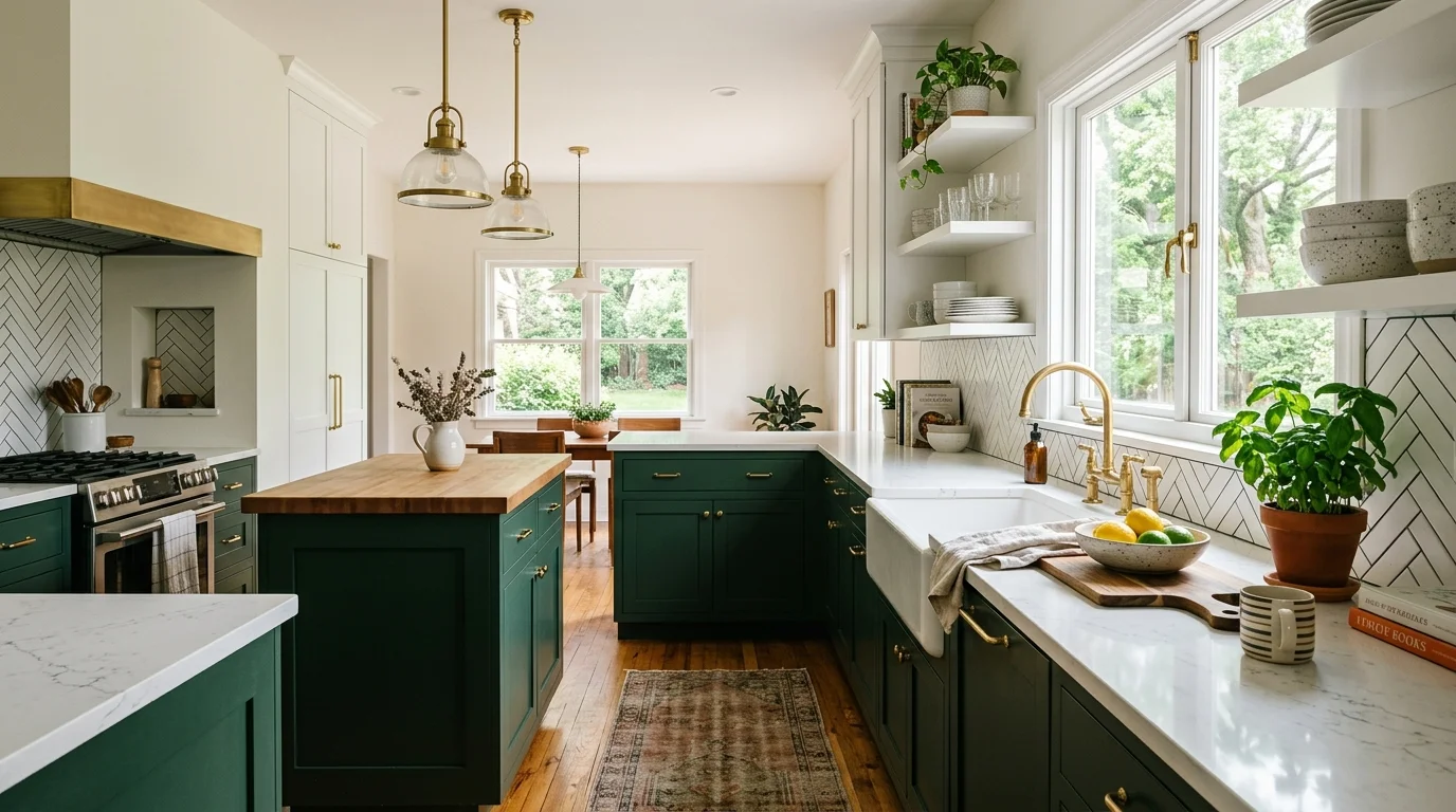 Kitchen with white upper cabinets and deep green lower cabinets