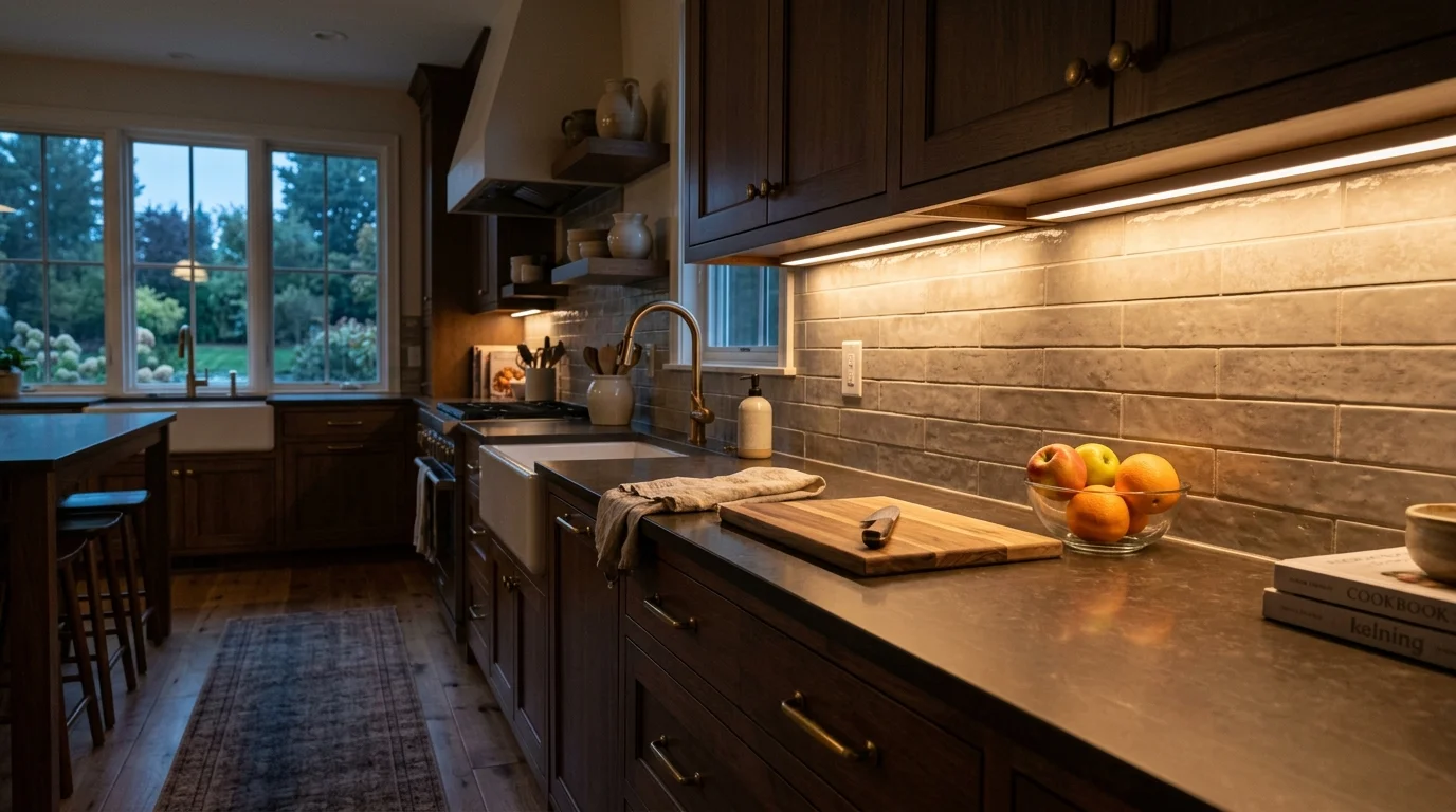 Warm under cabinet lighting washing across a kitchen countertop at dusk