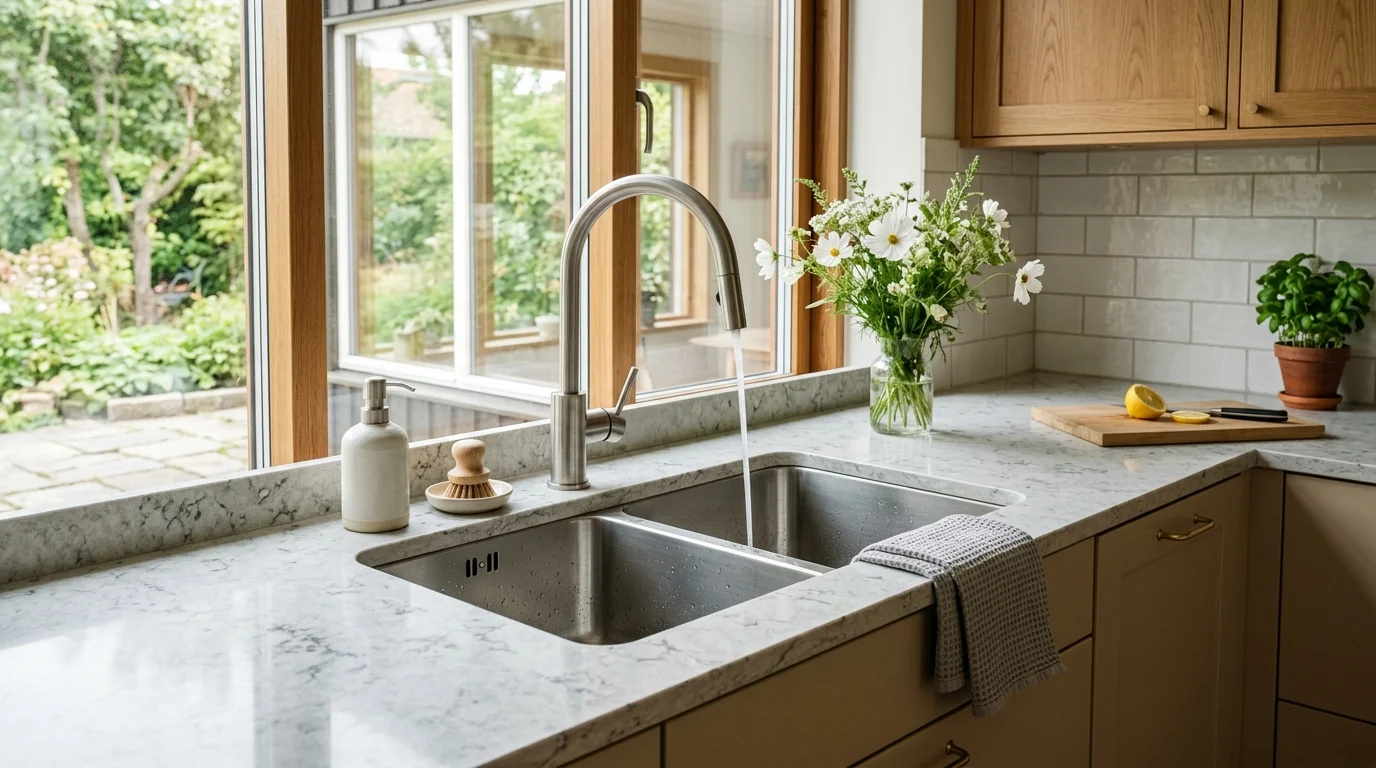 Undermount stainless sink set beneath a quartz countertop