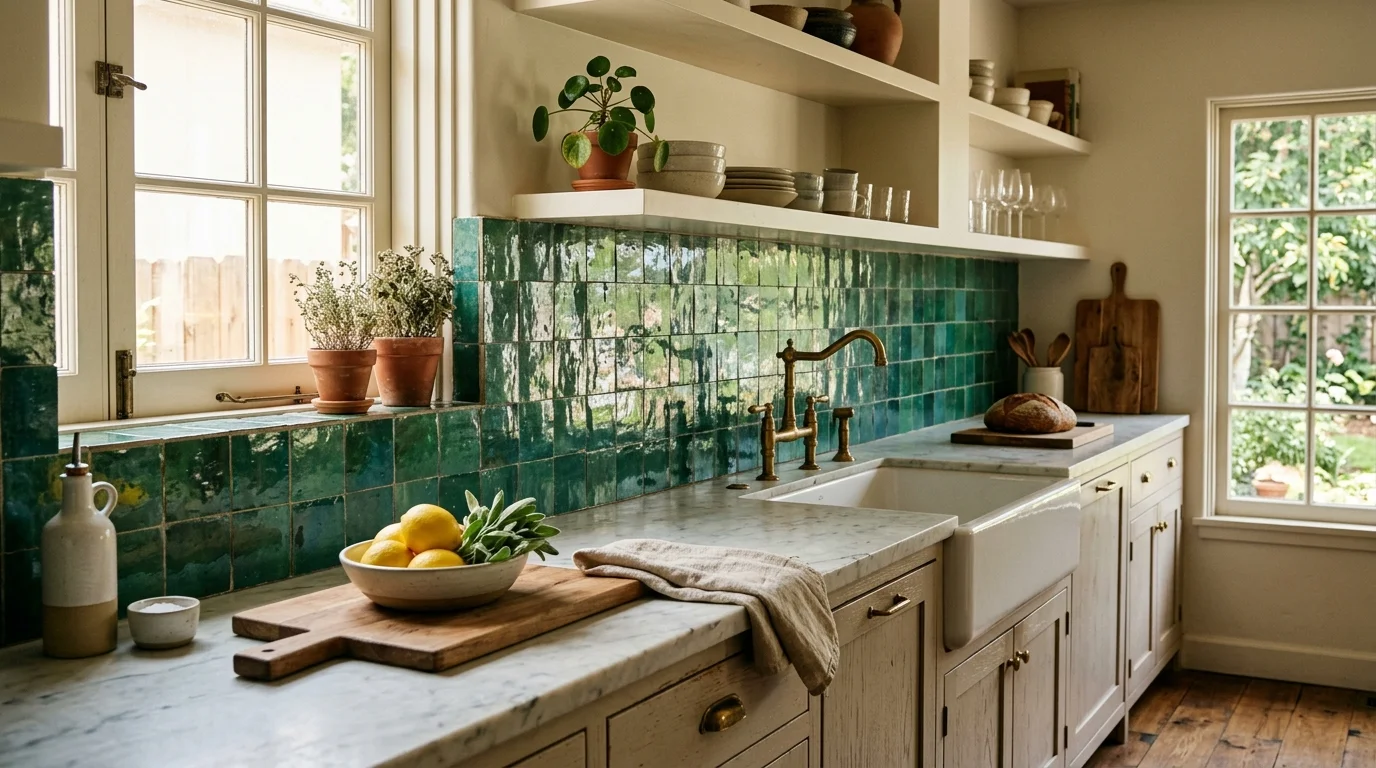 Glossy zellige tile backsplash reflecting natural kitchen light