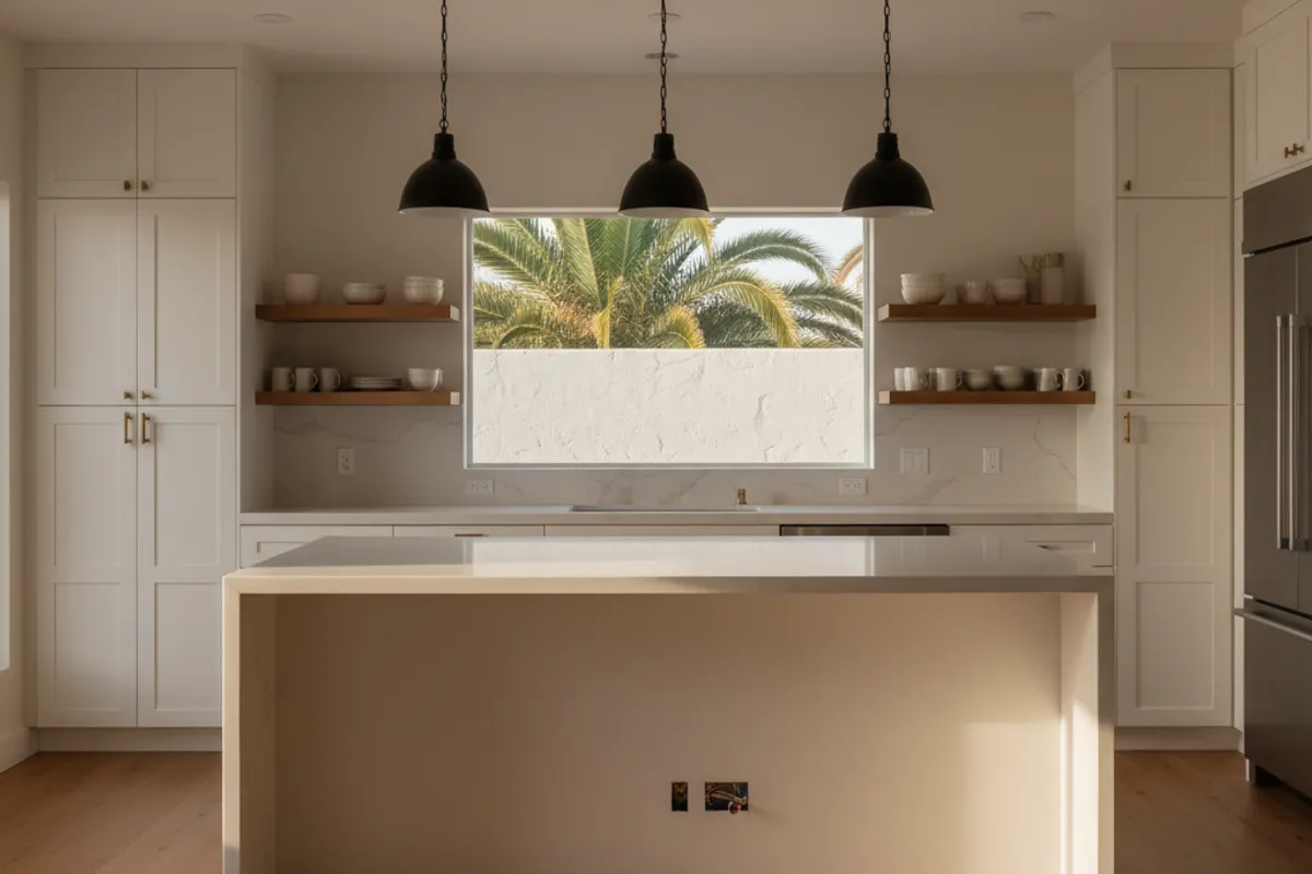 Remodelación de cocina moderna en San Diego con gabinetes estilo shaker, cubiertas de cuarzo y una isla grande bajo lámparas colgantes.