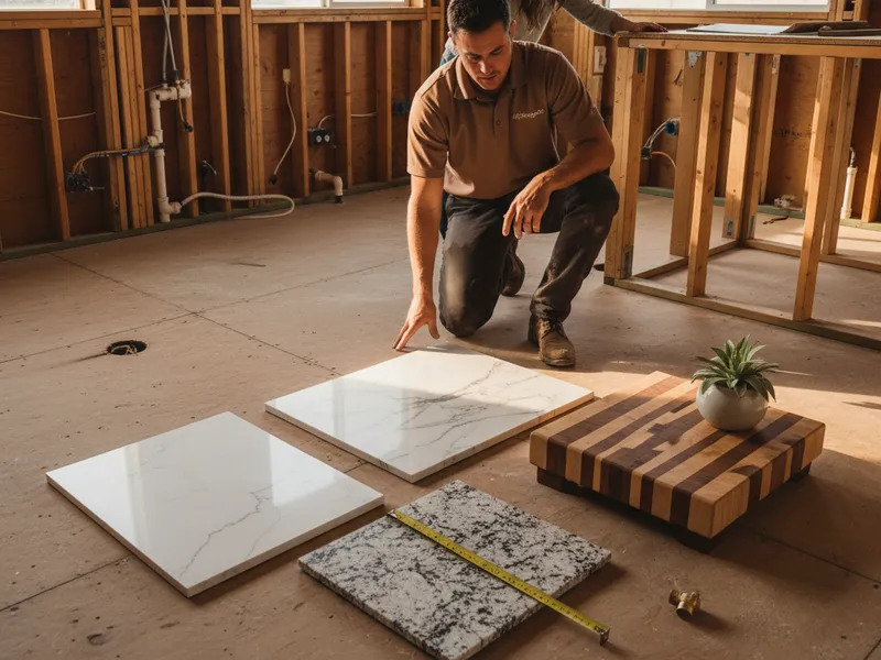 Kitchen countertop samples including quartz, granite, and laminate laid out for comparison
