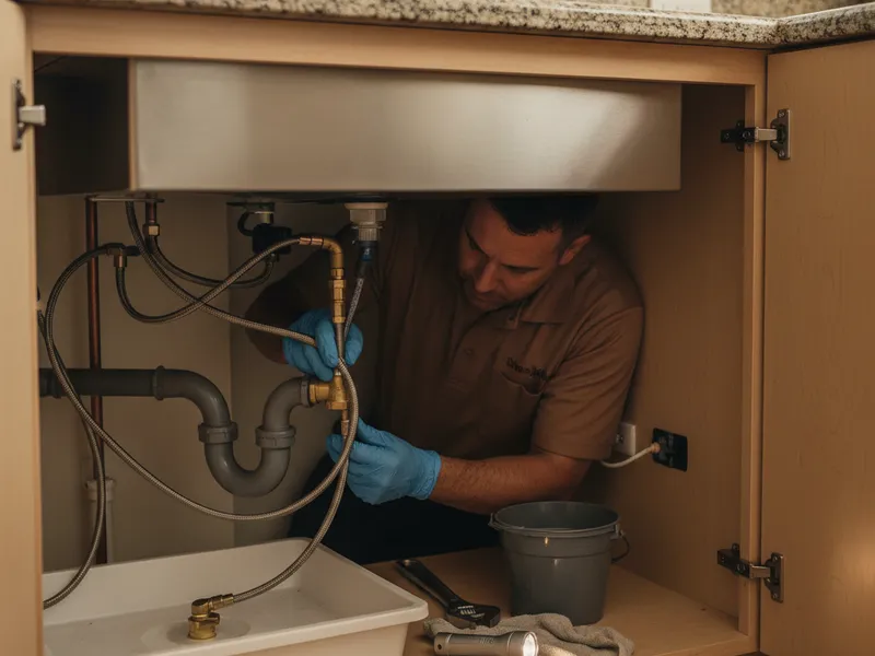Plumber installing proper under-sink drainage and waterproof liner during a kitchen remodel