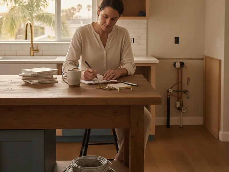 Homeowner reviewing a kitchen remodel budget spreadsheet at a table