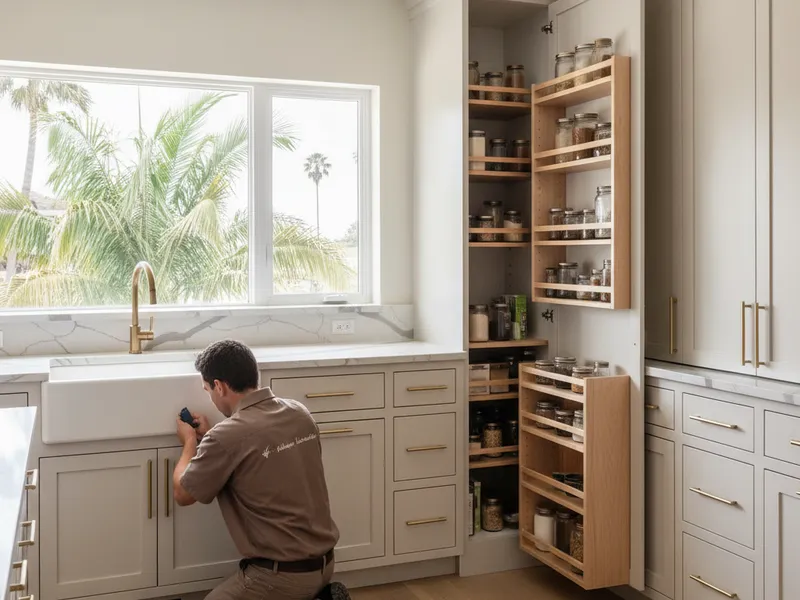 Gabinetes de cocina personalizados de roble blanco con sobreposición completa y despensa empotrada en una remodelación costera de San Diego