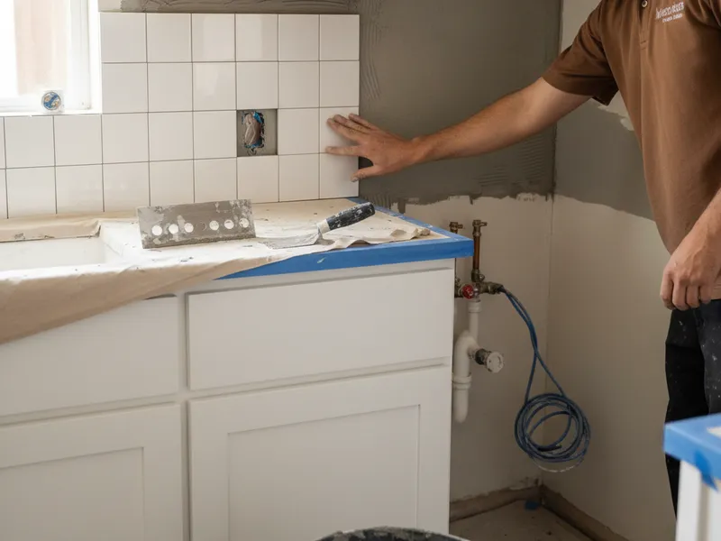 Salpicadero de azulejo zellige blanco instalado en una cocina de San Diego con campana extractora personalizada