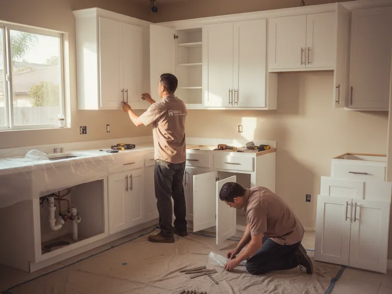 Puertas y frentes de cajones shaker nuevos instalados en gabinetes de cocina renovados en una casa de desarrollo en San Diego