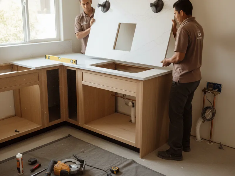 Cubierta de cocina de cuarzo con fregadero bajo cubierta instalada en una casa de San Diego durante una remodelación