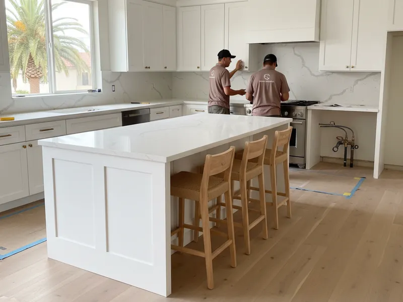 Isla de cocina nueva de roble blanco con cubierta de cuarzo en cascada y barra de desayuno en una remodelación de San Diego