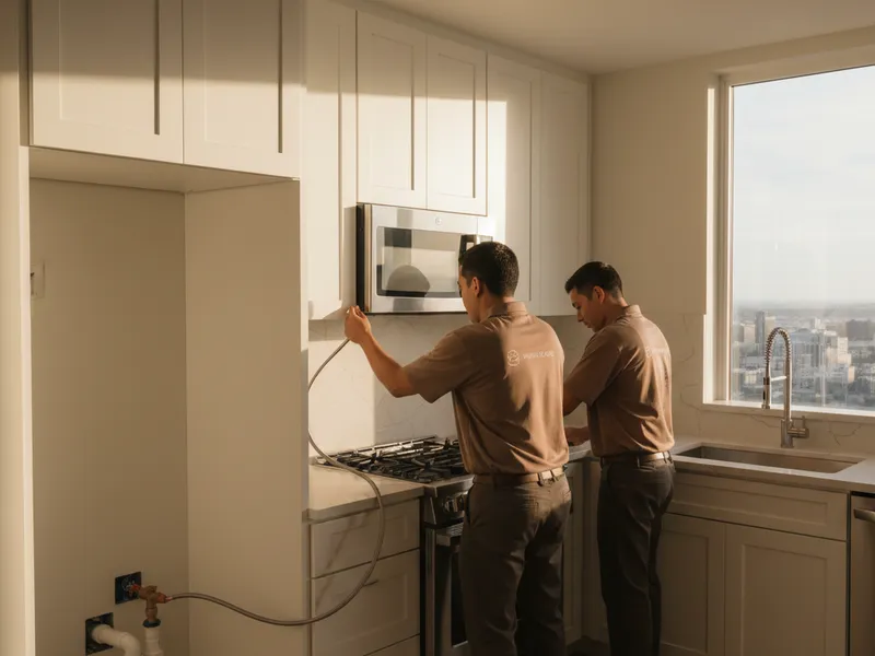 Remodelación de cocina pequeña en condominio con cubiertas de cuarzo claro y despensa delgada en un edificio alto de San Diego
